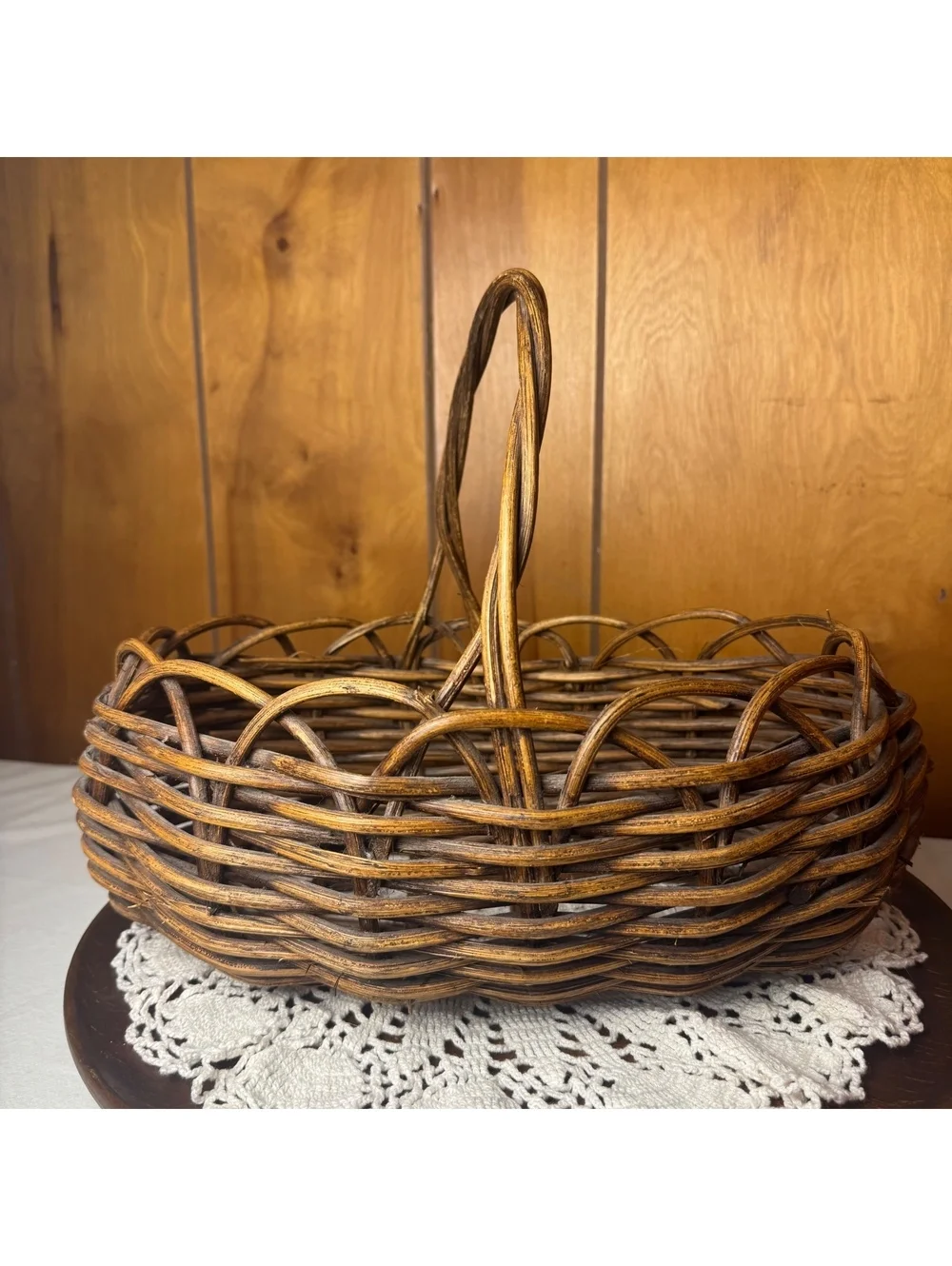 Rustic Woven Rattan Basket With Handle Vintage Farmhouse Gathering Basket